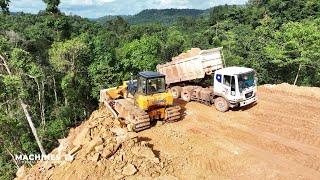 Amazing Mountain Road Construction Technology Strongly Bulldozer Spreading Stone Truck Dumping