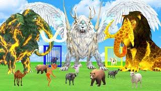 5 Giant Mammoth Elephant Cow Vs 5 Giant Wild Boar Vs 5 Giant Lion Tiger Cub Saved By Woolly Mammoth