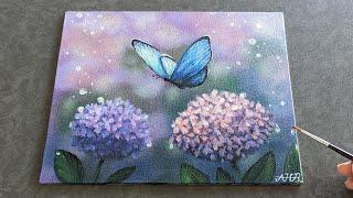 Butterfly painting ideas / Blue butterfly and hydrangea / Bokeh / Acrylic painting tutorial #53