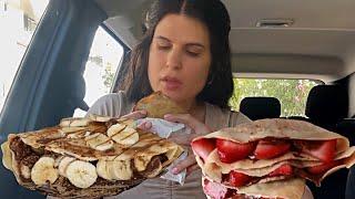 CHOCOLATE BANANA & STRAWBERRY CREPES | CAR MUKBANG | ASMR | EATING SOUNDS