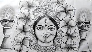 how to draw maa kali face pencil sketch for beginners,kali thakur drawing,maa kali drawing ,