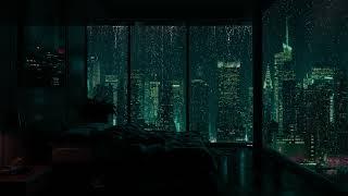 비오는 밤이 내려다보이는 아늑한 창문과 함께 편안한 밤 되세요 도시 - 비는 잠, 명상