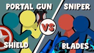 Supreme Duelist Stickman Animation: Portal gun x Shield vs Sniper x Blades