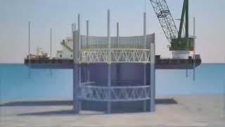 Educative visual of cellular cofferdam installation underwater.