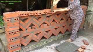 Construction Workers Create Beautiful Walls Made Of Bricks And Cement Sand - Building Garden Fences