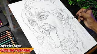 Kali Mata Drawing, Navratri Drawing, Step by step Outline Tutorial