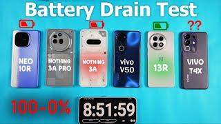 iQOO Neo 10R vs Nothing Phone 3a Pro vs Oneplus 13R vs vivo V50 vs vivo T4x Battery Drain Test 