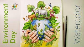 Environment Day 2024 Watercolor and Pen Illustration Step By Step Drawing & Painting Video