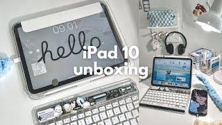 iPad 10 (silver) + accessories aesthetic unboxing  iPadOS 17 homescreen setup, cute keyboard 