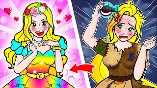 [paper dolls] Rich vs Poor Princess Become Beautifull and Love Prince | Rapunzel Family