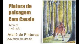 Pintura em aquarela de cavalo na floresta