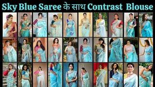 Contrast Blouse for Sky Blue Silk Saree | Saree Blouse Combination Ideas