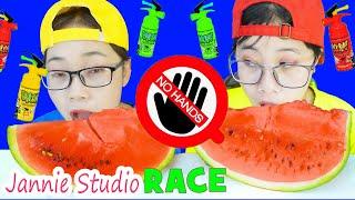 ASMR No Hands Race Eating Challenge 아니 손 경주 먹기 도전 Jannie Studio 재니