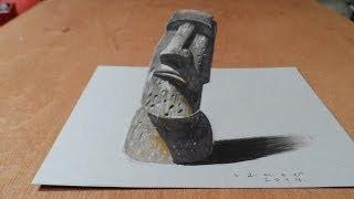 Drawing a 3 Dimension Easter Island Head, Trick Art by Vamos