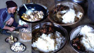 village Pork curry and rice cooking having || Life in rural Nepal ||