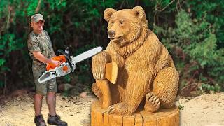 REAL SIZE WOODEN BEAR with Ax,  Amazing Chainsaw Wood Carving | Vlad Carving