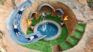 Building Water Slide Swimming Pool Around Secret Underground Village