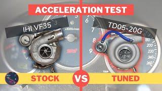 Stock IHI VF35 Turbo vs Aftermarket TD05-20G - Speedo Time Comparison with Datalogs :: Subaru STi