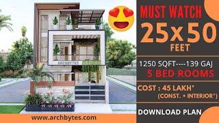 25x50 House Design 3D | 1250 Sqft | 139 Gaj  | 5 BHK | Modern  Design | Terrace Garden | 8x15 Meters