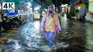 [4K UHD] Walking through Sudden Heavy Rain and Flash Flood Street in Bangkok