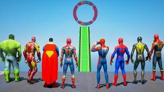 SUPERMAN, HULK, IRONMAN VS SPIDERMAN SUITS | SUPERHEROES Racing Challenge Sea Ramp Competition #145