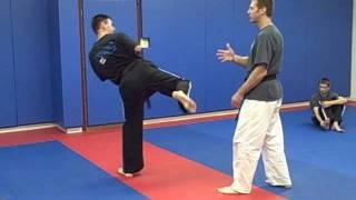 Inside Leg Catch Takedown against a Round Kick for Ippon Kumite