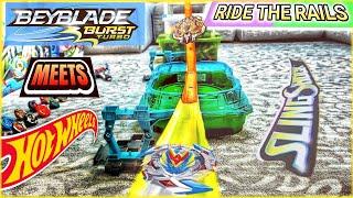 Beyblade Burst HOT WHEELS Crashing SlingShock Beystadium! Launching Beyblades on Hot Wheels Tracks