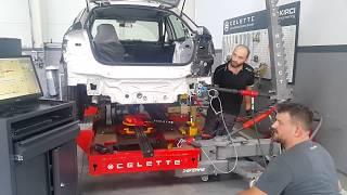 Pulling car body on Celette frame machine and measuring, car bench, measuring system, universal jig