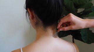 ASMR baby hairs, neck and shoulders micro-attention on Karen + OSEA (whisper)