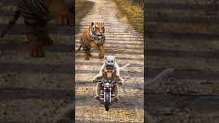 Cute kitten and monkey run from tiger !!#catvideos #cutecats #catlover #trendingshorts