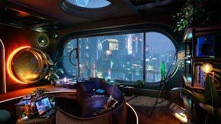 Rainy Night in a Cozy Cyberpunk Apartment Ambience with Rain & Thunder Sounds | Sleep, Focus, Chill