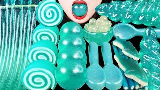 ASMR TEAL DESSERTS: JELLO PINWHEELS, POPPING BOBA, UNICORN HORN JELLY NOOLDES, EDIBLE SPOONS, GUMMY