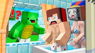 MIKEY SPIES on JJ and TV WOMAN POMNI in SHOWER in Minecraft - Maizen