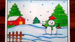 Winter Season Drawing Easy Steps | Snowman Scenery Drawing | Winter Snowfall Scenery Drawing