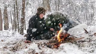 Winter Camping in Deep Snow Snowstorm & Bushcraft Build Survival Shelter in Frozen Forest ASMR