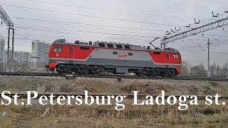 Ladoga railway station. St Petersburg. Shunting, passenger and freight trains. Russia.