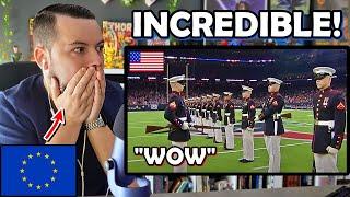 European Reacts to US MARINE CORPS SILENT DRILL PLATOON HALFTIME SHOW!