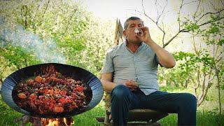 AZERBAIJAN Rural Dish - Chef is Cooking Mutton with Vegetables in Sadj