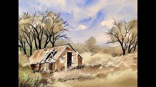 Painting an Easy OLD BARN Watercolour Landscape painting, ink & washwatercolor tutorial, demo