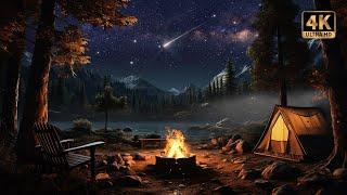 Cozy Camping with Shooting Stars, Crackling Campfire, & Nature Ambience | 4K ️