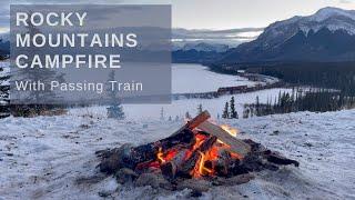 Rocky Mountains Campfire in Winter With Passing Train Outdoor Fireplace with Crackling Fire Sounds