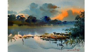 Watercolor Sunset Landscape Painting Tutorial | Watercolour Demo by Shahanoor Mamun
