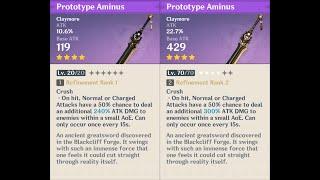 Prototype Aminus / Prototype Archaic weapon appearance base vs. ascended in Genshin Impact