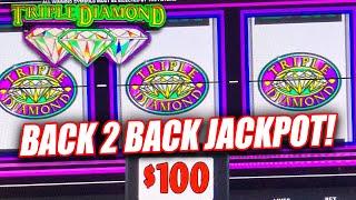 WOW!! BACK 2 BACK JACKPOTS ON HIGH LIMIT TRIPLE DOUBLE DIAMOND SLOT MACHINE   CASINO SLOTS