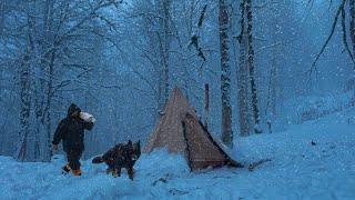 WINTER BLIZZARD CAMPING at -4°C HEAVY SNOW in Hot tent