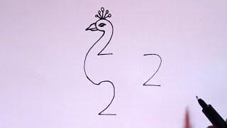 How To Turn Number 222 Into Peacock | How To Draw Peacock With Number 222 | Peacock Drawing Easy