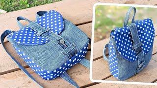 DIY Adorable Mini Denim and Polka Dot No Zipper Backpack Out of Old Jeans | Upcycle | Bag Tutorial