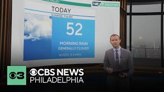 Cloudy skies in Philadelphia Monday after AM rain clears, high temps near 50