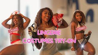 [4k] EBONY girl LINGERIE costumes Try-On Haul