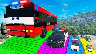 Big & Small Police Cars with Slide Color and Portal Trap - Police Bus Rescue Cars - BeamNG.drive